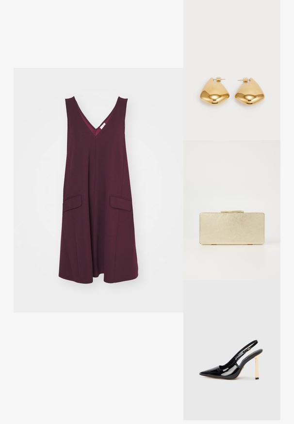 YAS YASMALEA WIDE - Džersejové šaty - winetasting; Čierna lakovaná kožená slingback obuv na vysokom podpätku s špicatou špičkou a zlatým štvorcovým akcentom na podpätku. Obsahuje nastaviteľný remienok na členku.; Zlatá kabelka s hladkým metalickým povrchom, obdĺžnikového tvaru, s jednoduchým zapínaním na sponu. Žiadne viditeľné vzory ani dekorácie.; Náušnice z kovu v zlatej farbe s hladkým, zaobleným trojuholníkovým tvarom a dizajnom na zapichovanie; reflexný povrch s minimálnymi detailmi.