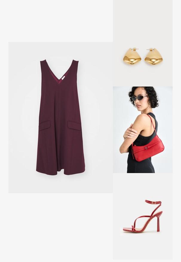 YAS YASMALEA WIDE - Džersejové šaty - winetasting; ALDO SCINTILLA - Sandále na vysokom opätku - red; Červená kožená taška cez rameno s hladkým povrchom, zakriveným dizajnom a dekoračnou sponou. Nastaviteľný popruh a zips.; Náušnice z kovu v zlatej farbe s hladkým, zaobleným trojuholníkovým tvarom a dizajnom na zapichovanie; reflexný povrch s minimálnymi detailmi.
