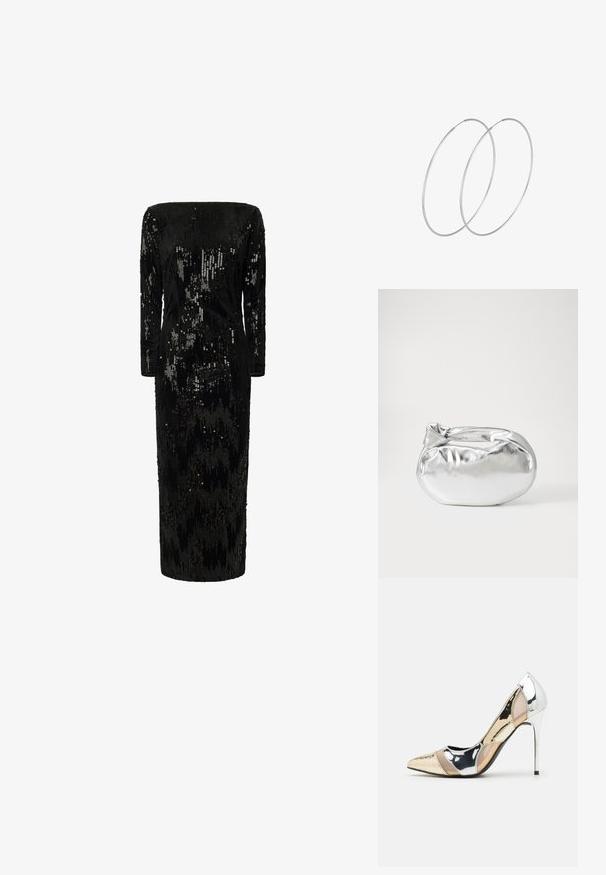 Juoda suknelė su pailgais rankovėmis, dekoruota blizgančiais sekuinais, su nuogomis pečiais ir tiesia siluetu; pasižymi tekstūruota, blizgia danga.; Aštrus pirštas aukštakulnis batelis su sidabro, aukso ir nuogų spalvų deriniu. Blizgus paviršius su išpjovos dizainu, su stiletto kulnu.; Sidabrinė metalinė maišelio forma su švelnia, apvalia forma ir mazgu užveriamu viršumi. Pagaminta iš lygios dirbtinės odos medžiagos.; Sidabrinės pusmėnulio auskarai minimalistiniu dizainu. Apskritimo forma, lygus paviršius ir plonas profilis. Lengvi su poliruotu apdailu.