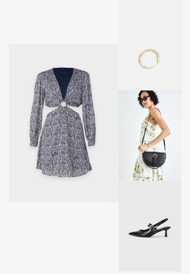 Gėlėta suknelė su ilgomis rankovėmis, gilia V formos iškirpte, užsegimu juosmens srityje su apvaliu akcentu. Tamsiai mėlynas fonas su rožinėmis ir baltomis gėlėmis.; Juodai lakuoti slingback aukštakulniai su smailiu kojų pirštu ir mažais blokiniais kulniukais, su sidabro sagtimi ant dirželio.; Juodas odinis krepšys su išlenkta forma, nuimamu dirželiu ir auksiniais detalėmis. Krepšys turi kilpą su sagtimi.; Auksinės spalvos žiedas, turintis organišką, sukimosi dizainą su lygiu paviršiumi ir siaurėjančiais galais, sukuriantis modernią skulptūrinę išvaizdą.