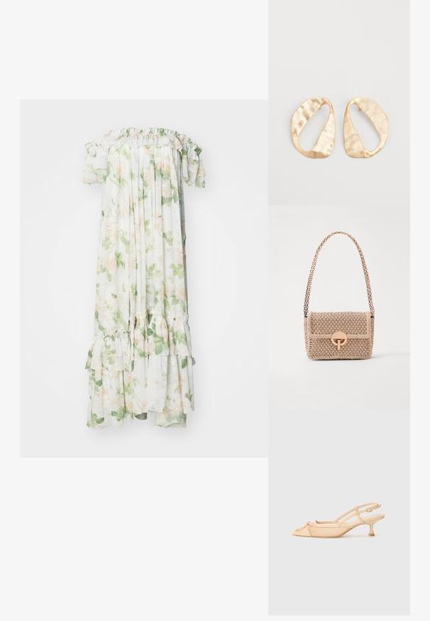 Needle & Thread IMMORTAL ROSE ARIA OFFSHOULDER ANKLE GOWN - Pidulikud riided - moonshine; Stuart Weitzman KITTY - Klassikalised kontsakingad - beige/barely beige; Vanessa Bruno MOON - Ülerinna-kott - beige/ivoire; Eba paar eba ebaorditud ovaalkujulisi kuldehhe kaal setertu, kerge keersuju pinnaga valgel taustal.