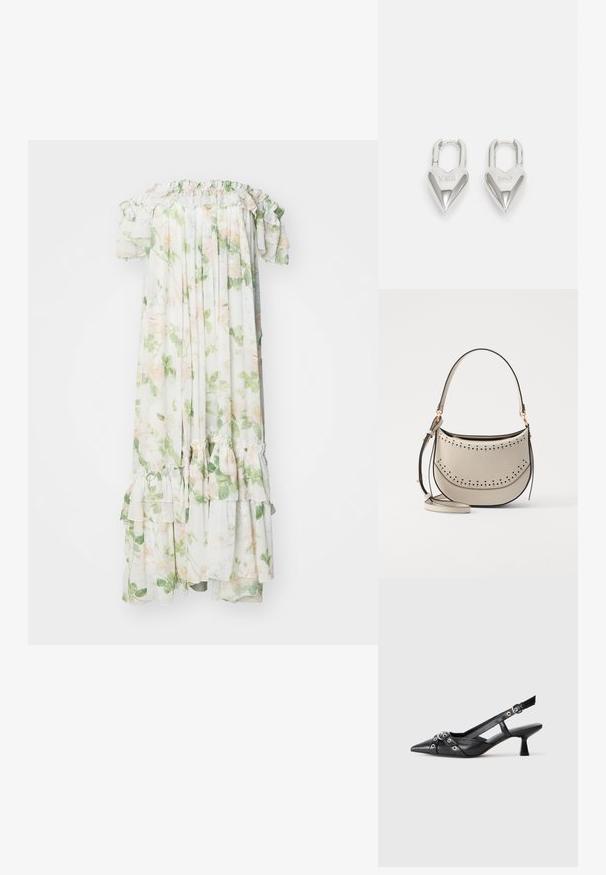 Needle & Thread IMMORTAL ROSE ARIA OFFSHOULDER ANKLE GOWN - Pidulikud riided - moonshine; Must must have must toote tõmblukuga, dekoratiivsed rihmad metallist silmadega ja madal blokk-kand. Tekstureeritud pind.; Vanessa Bruno MINI DAILY BAG - Käekott - ivoire; Hõbedased südamekujulised lukuvidinad, millel on kohandatud "JAA" ja "EI" tekst, poleeritud viimistlus, sümmeetriline disain ja tugev metallist klamber.