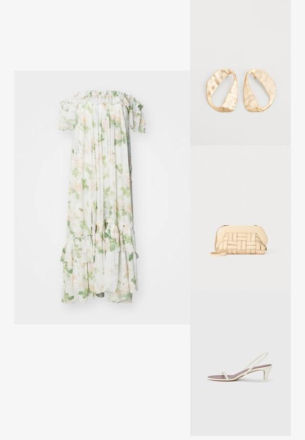 Needle & Thread IMMORTAL ROSE ARIA OFFSHOULDER ANKLE GOWN - Oblečenie na špeciálnu príležitosť - moonshine; Biele sandále na opätku so slabým podpätkom, tenkými pásikmi a hladkým koženým povrchom; obsahujú malú dekoratívnu sponu.; Tkaná béžová kabelka so štruktúrovaným dizajnom, s hladkým vrchom a dlhým popruhom. Textúrované detaily zlepšujú celkový vzhľad.; Pár nepravidelných oválnych zlatistých kovových náušníc s textúrovaným, mierne rozbitým povrchom na bielom pozadí.