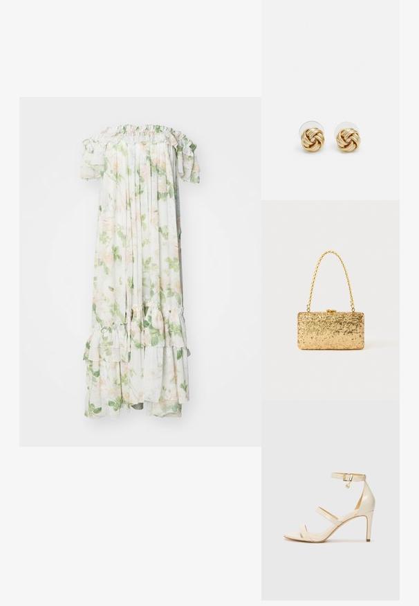Needle & Thread IMMORTAL ROSE ARIA OFFSHOULDER ANKLE GOWN - Iltapuku - moonshine; Beige korkokengät, joissa on ohut nilkkaremm ja kaksi yläremmiä. Kiiltävä patenttiviimeistely ja kultaiset yksityiskohdat nilkkaremmin kohdalla.; Kultaiset paljetti-clutchet, joissa on suorakulmainen muotoilu, kierretty ketjukahva sekä metallinen lukitus, heijastavat valoa teksturoidun pinnan ansiosta.; Kultaketjut korvakorut, joissa on kierretystä muotoilusta valmistettu solmu. Jokaisessa korvassa on pyöreä, kirkas tausta varman käyttömukavuuden takaamiseksi.