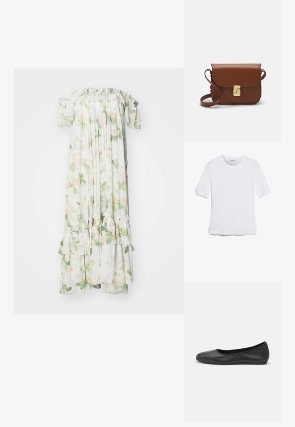 Needle & Thread ARIA różowy; Biała koszulka krótki rękaw wykonana z materiału prążkowanego. Okrągły dekolt, regularny krój i subtelne detale szwów. Bez wzorów ani grafik.; Czarne skórzane baletki z zaokrąglonym noskiem, gładką fakturą, minimalnymi przeszyciami i elastycznym designem podeszwy.; Brązowa skórzana torebka na ramię z klapką, złotymi detalami, paskiem na ramię i gładką teksturą. Kompaktowy prostokątny kształt.
