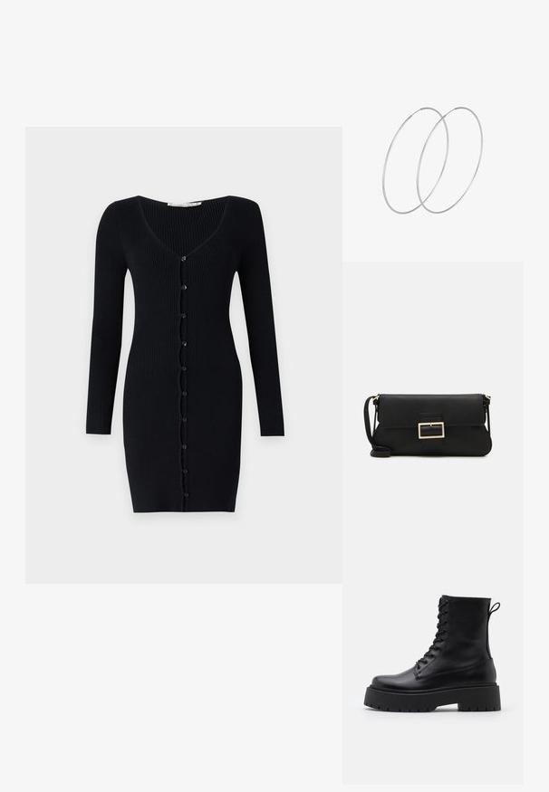 Ribbed musta neuletakkimekko, jossa on pitkät hihat, V-pääntie ja napit edessä. Ominaisuuksina hoikka, tiukka siluetti.; Musta nahkainen nilkkureita, joissa on pyöreä kärki, nauhakiinnitys edessä ja paksu kumipohja, jossa on teksturoitu pinta. Takana vetotappi.; Musta nahkainen kynäpenkkilaukku, jossa on läppä ja kultainen metallinen solkiyksityiskohta. Mukana musta hihna ja tyylikäs, minimalistinen muotoilu.; Hopehope hopeilla, joissa on minimalistinen muotoilu. Pyöreä muoto, sileä pinta ja ohut profiili. Kevyet ja kiillotetut.