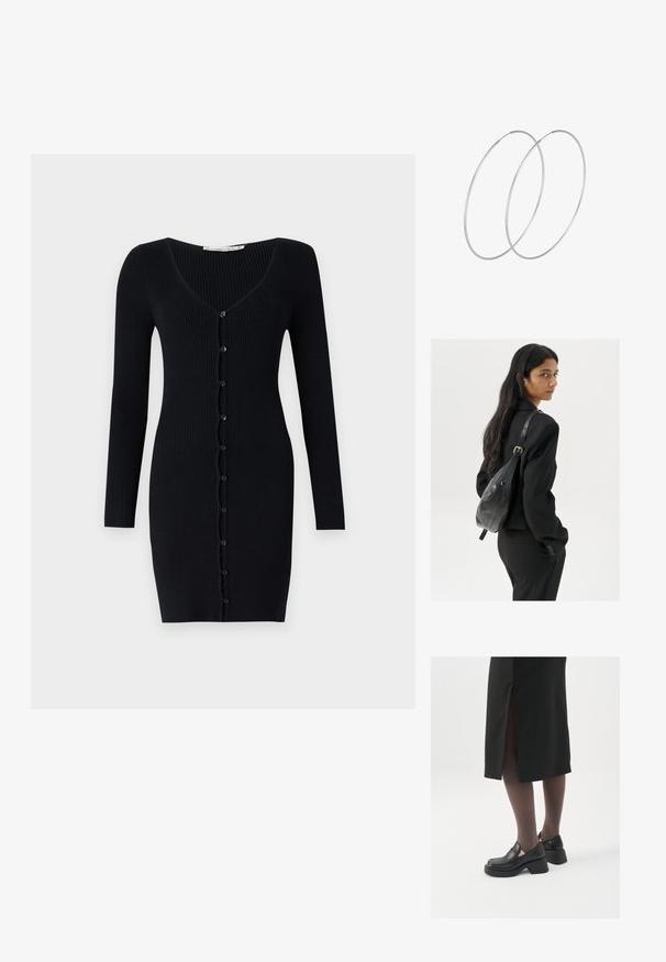 Ribota melna kardigāna kleita ar garām piedurknēm, V veida kakla izgriezumu un pogu aizdari gar priekšpusi. Iezīmēta ar šauru, pieguļošu siluetu.; Melni ādas apavi ar noapaļotu purngalu, biezām bloku papēžiem un elastīgiem sānu akcentiem, apvienoti ar tumšām zeķubiksēm un melnu svārku ar šķirbu.; Sieviete ar garām tumšām matiem, ģērbusies melnā uzvalkā, nēsā melnu ādas plecu somu un skatās pāri plecam uz balta fona.; Sudraba gredzenveida auskari ar minimālistisku dizainu. Cirkulāra forma, gluda tekstūra un plāns profils. Vieglu svaru ar spīdīgu apdari.
