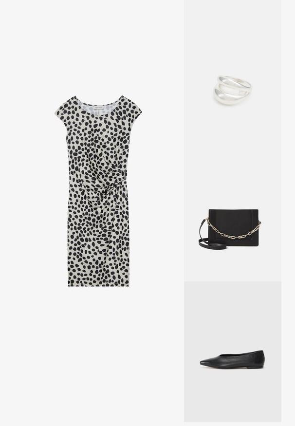 Polvihartinen mekko vaaleanbeigeitä värejä, joissa on mustia pilkkuja, lyhyillä hihansuihin ja sivulta laskostuva yksityiskohta, joka on kiinnitetty metallisella aksentilla.; Musta nahkainen ballerinatyyppinen kenkä, terävä kärki, minimalinen muotoilu, sileä pinta, matala korko, ei näkyvää metalliosaa tai koristeita.; Musta nahkainen olkalaukku, jossa on sileä pinta, suorakulmainen muoto ja metalliketju yksityiskohtana edessä. Mukana säädettävä hihna.; Hopeinen kaksinkertainen rengas, jossa on sileä, kiillotettu pinta. Siinä on sulava, kaareva muotoilu, jossa on päällekkäisiä osia modernin ilmeen saavuttamiseksi.