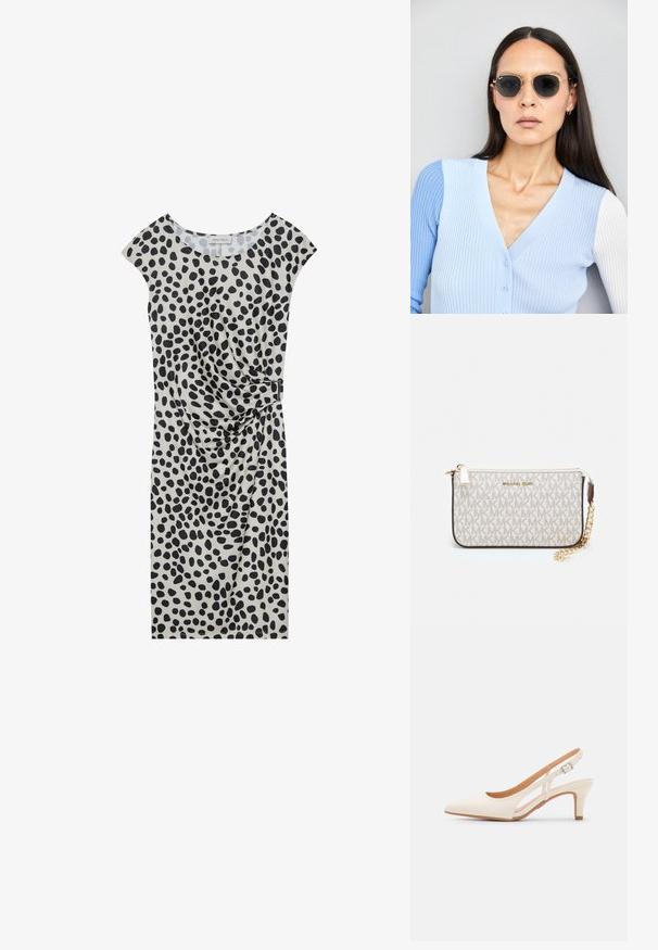 Knelang kjole i lys beige med svarte prikkemønster, med korte cap-ermer og en sidesyning som er festet med en metallisk detalj.; Hvit slingback-hel med spiss tå, glatt overmateriale, lav blokkhelt, og cut-out-design på siden med justerbar spenne.; Runde solbriller med mørke linser og guldrammer. Modellen har en lyseblå, ribbet cardigan med knapper og kontrast hvide ærmer på.; Michael Kors håndleddsveske i beige belagt kanvas med et gjentakende MK-logo mønster, gullfarget maskinvare og en avtakbar kjede-rem.
