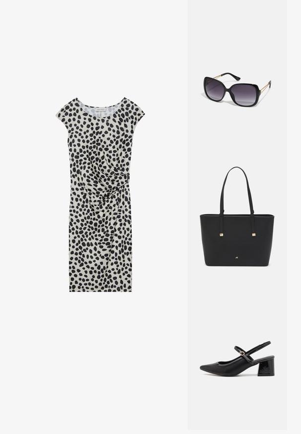 Knieumhüllendes Kleid in hellem Beige mit einem schwarzen gepunkteten Muster, das kurze Cap-Ärmel und ein seitliches Drapierungselement mit einer metallischen Akzentuierung aufweist.; Schwarze Lackleder-Slingback-Absätze mit spitzer Zehenform, einem runden Ausschnitt-Design und einem Blockabsatz. Mit einem goldfarbenen Schnallenakzent.; Schwarze übergroße Sonnenbrille mit getönten Gläsern, dicken Rahmen und goldfarbener Kettendetaillierung an den Bügeln.; Schwarze Tragetasche aus synthetischem Material, mit einfachem rechteckigem Design, goldenen quadratischen Akzenten und doppelten Griffen.