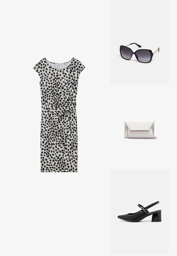 Šaty po kolená v svetlej béžovej farbe s čierno bodkovaným vzorom, s krátkymi rukávmi a postranným drapovaním zabezpečeným kovovým prvkom.; Čierne lakované kožené lodičky so slingback dizajnom, špicatou špičkou, zaobleným výrezom a blokovým podpätkom. Obsahuje akcent zlatého tónu s prackou.; Čierne oversized slnečné okuliare s gradientovými sklíčkami, hrubými rámami a zlatým retiazkovým detailom na stranách.; Biela obálková kabelka vyrobená z hladkej kože, so strieborným reťazcom a kovovým akcentom na prednej strane. Minimalistický dizajn a trojuholníkový tvar.