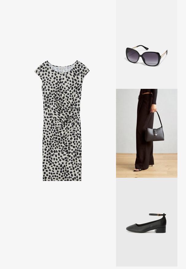 Kelio ilgio suknelė šviesiai smėlinė spalva su juoda taškų raštu, su trumpomis apykaklėmis ir šonu drapiruota detalė, pritvirtinta metaliniu akcentu.; Juodas odinis aukštakulnis batelis su smailiu pirštu ir žemu bloku. Su kulkšnies dirželiu su auksinės spalvos sagtimi. Lygus paviršius.; Juodos didelės saulės akinių su pereinamais objektyvais, storomis rėmeliais ir auksinės spalvos grandinėmis ant šventyklų.; Juodas rankinė struktūrizuota forma, lygi tekstūra ir metalinis užsegimas. Suporuota su plačiomis juodomis kelnėmis ir atvirais bateliais ant medinių grindų.