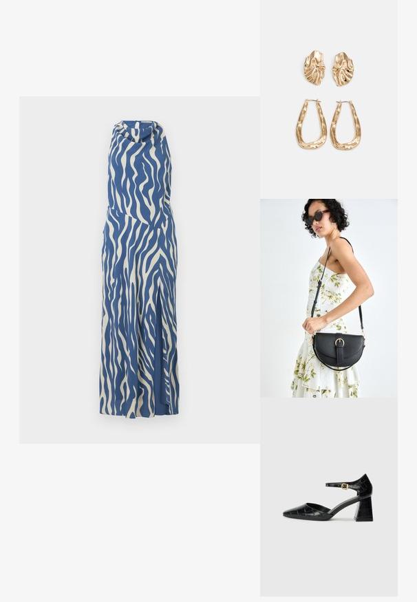 Blå og kremfarget ermeles kjole med bølgemønster, drapert halsutringning og sidesliss, laget av et glatt og lett stoff.; Svart lakkert høye hæler med spiss tupp, ankelstropp og teksturert krokodilleskinn-mønster. Design med firkantet blokkhæl.; Svart lærveske med en buet form, avtagbar stropp og gullbeslag. Vesken har et klaff med spenne-detall.; Gullfargede øredobber med teksturerte, bølgete former. Inkluderer skulpturelle klipsstuds og åpen hoop-design med en hamret finish.