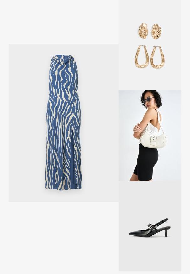 Plava i krem bezrukava haljina s uzorkom valova, drapiranom izrezom i prorezom sa strane, napravljena od glatkog, laganog materijala.; Crne lakirane slingback potpetice s oštrim prstom i malom blok petom, s naglaskom na srebrnoj kopči na remenu.; Bijela kožna torbica s zakrivljenim oblikom, podesivim remenom i malim detaljem kopče. Model nosi usklađeni crni outfit.; Naušnice zlatne boje s teksturiranim, valovitim oblicima. Uključuju skulpturalne kopče i dizajn otvorene kružnice s kovanom završnom obradom.