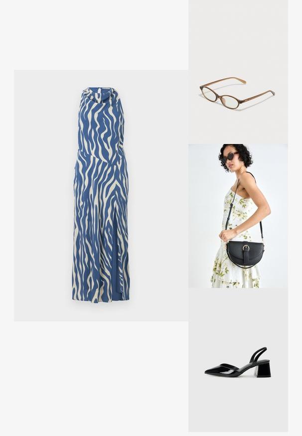 Modro-krémové bezramínkové šaty s vlnkovým vzorem, s drapovaným výstřihem a bočním rozparkem, vyrobené z hladké, lehké tkaniny.; Černé lakované kožené lodičky na pásku s špičatou špičkou a geometrickým blokovým podpatkem. Vyznačují se elegantním, minimalistickým designem a hladkým povrchem.; Hnědé želvovinové brýle s oválnými skly, tenkými bočními nohami a průhlednými akcenty. Obsahují decentní logo na stranu. Elegantní, lehký design.; Černá kožená kabelka s křivkovým tvarem, odnímatelným popruhem a zlatými detaily. Kabelka má klopu s přezkou.