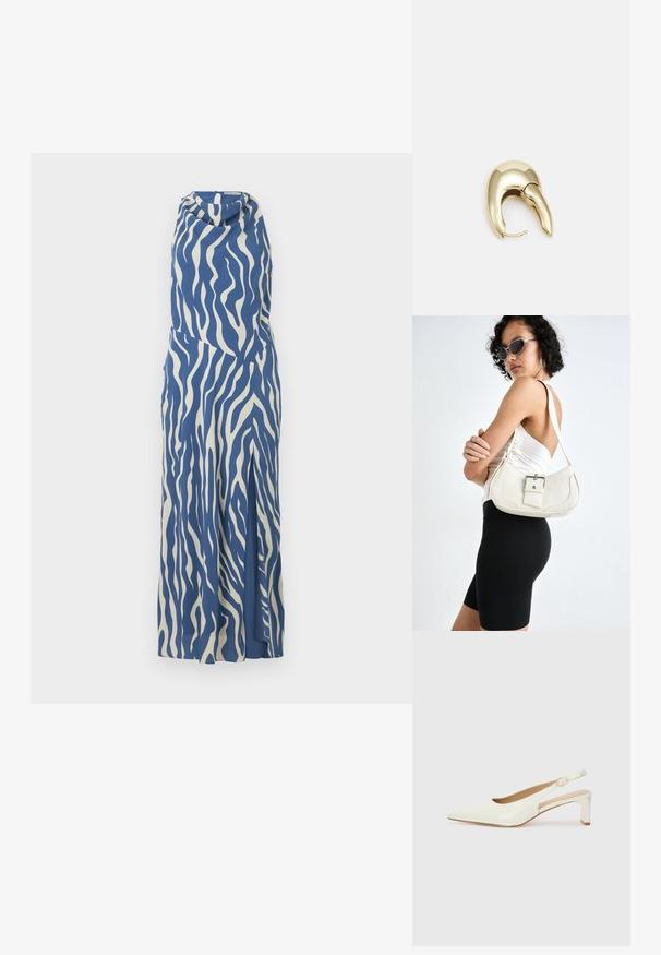 Blå og kremfarget ermeles kjole med bølgemønster, drapert halsutringning og sidesliss, laget av et glatt og lett stoff.; Hvit patentlær slingback-sko med spiss tå og lav blokkheel. Har en diskret stropp med detalj i gulltone.; Hvit lær håndveske med en buet form, justerbar stropp og en liten spenne-detalj. Modellen har på seg en tettsittende svart antrekk.; Gullfarget metalløredobber med et elegant, buet design. Har en karakteristisk spiss form, polert overflate og hengsel-lukking.