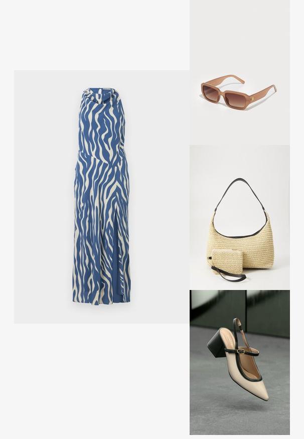 Kék és krémszínű ujjatlan ruha hullám mintázattal, redőzött nyakkivágással és oldalsó hasítékkal, sima, könnyű anyagból készült.; Beige, hegyes orrú, pántos cipő fekete díszítéssel, arany csattal és vastag blokk sarokkal, szürke padlón, sötétzöld háttér előtt.; Barna téglalap alakú napszemüveg, átmenetes lencsékkel, vastag kerettel és logóval az oldalon. Simább műanyag anyag, minimalista kialakítás.; Fonott szalmakézi táska ívelt sziluettel, sima fekete bőrszíjjal és egy hozzá illő, csuklószíjjal rögzített kis tasakkal.