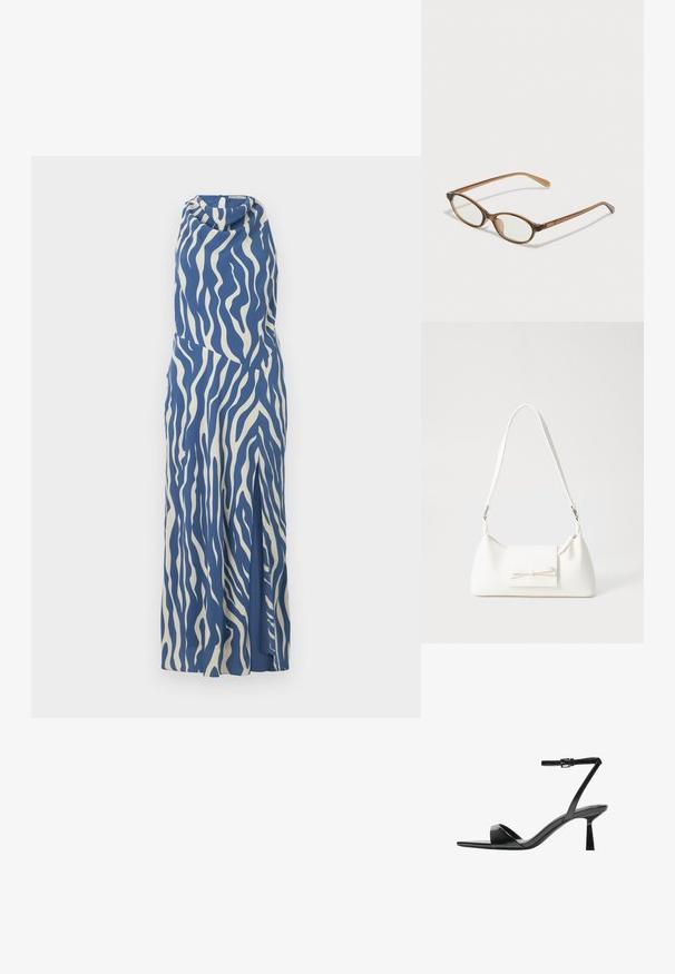 Modrá a smotanová bezrúchová šaty s vlnitým vzorom, s drapovaným výstrihom a bočným rozparkom, vyrobené z hladkej, ľahkej látky.; Bershka Sandále na vysokom opätku - black; Hnedé želvovinové okuliare s oválnymi sklíčkami, tenkými ramenami a priesvitnými akcentmi. Obsahujú jemný logo na stranici. Štýlový, ľahký dizajn.; Biela syntetická kabelka s trojuholníkovým tvarom, plochým predným klapkou a detailom mašle, nastaviteľným popruhom, hladkou textúrou a minimalistickým dizajnom.