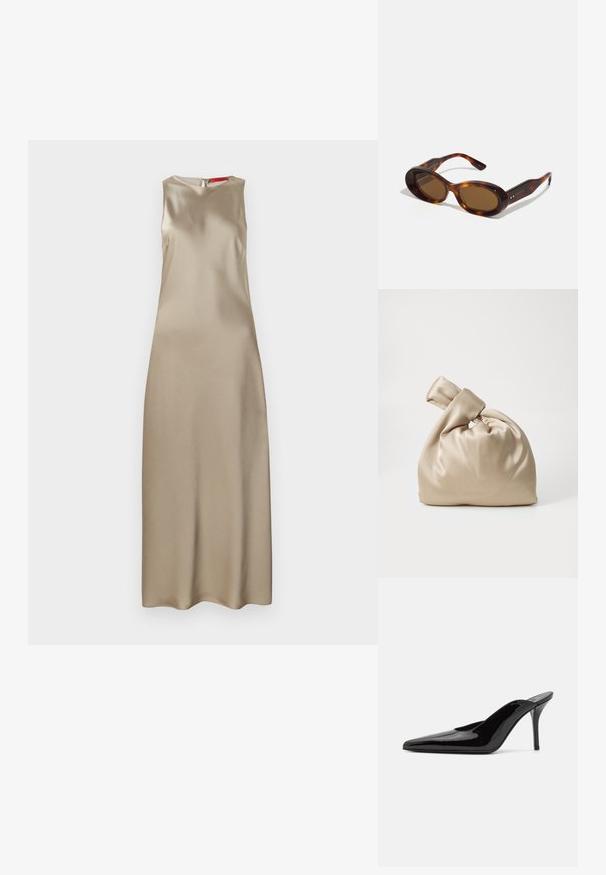 Ärmelloses Kleid aus beigem Satin mit rundem Ausschnitt, schlanker Silhouette und einem Rückenreißverschluss. Glatte Textur mit minimalen Details.; Schwarze Lackleder-Pumps mit hohen Absätzen, spitzer Zehenform und schlanker Silhouette, mit offenem Rücken und schlankem Stiletto-Absatz.; Schildpatt-Sonnenbrille mit ovalen Gläsern, braunem Farbton und goldenen Akzenten an den Bügeln. Dicke Rahmen mit glänzender Oberfläche und glatter Textur.; Beige Satinbeutel mit geknotetem Deckel, der eine weiche, glatte Textur und eine runde Form aufweist, entworfen, um einfach und elegant zu sein.; Rabanne XL LINK DOUBLE HOOP EARRING - Ohrringe - silver-coloured