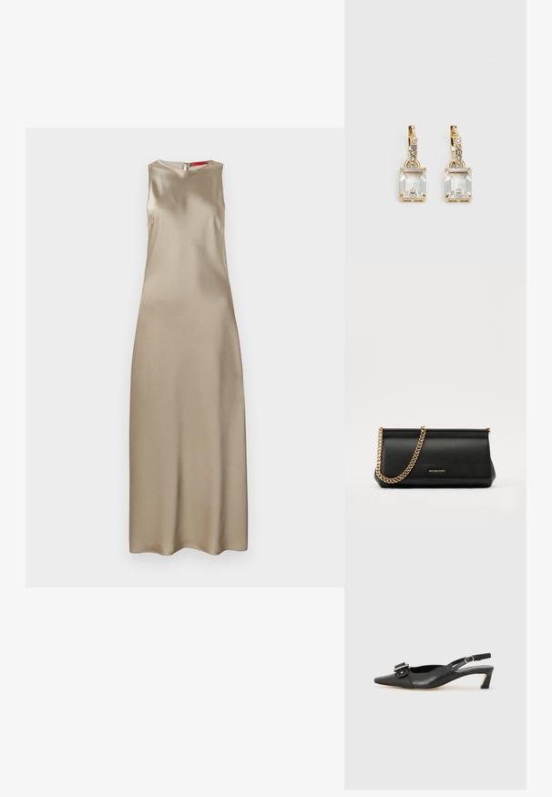 Ärmelloses Kleid aus beigem Satin mit rundem Ausschnitt, schlanker Silhouette und einem Rückenreißverschluss. Glatte Textur mit minimalen Details.; Schwarzer Leder Slingback-Schuh mit spitzer Zehenform, kleinem Absatz und dekorativem Schnallen-Detail auf dem Obermaterial. Glatte Textur, minimalistisches Design.; Schwarze Leder-Clutch mit einer goldenen Ketten-Trage, die eine glatte Oberfläche, rechteckige Form und geprägtes Branding auf der Vorderseite aufweist.; Ohrringe in Goldfarbe mit einem rechteckigen, durchsichtigen Kristall, der unter einer Reihe kleiner, runder klarer Akzente hängt. Elegantes, modernes Design.