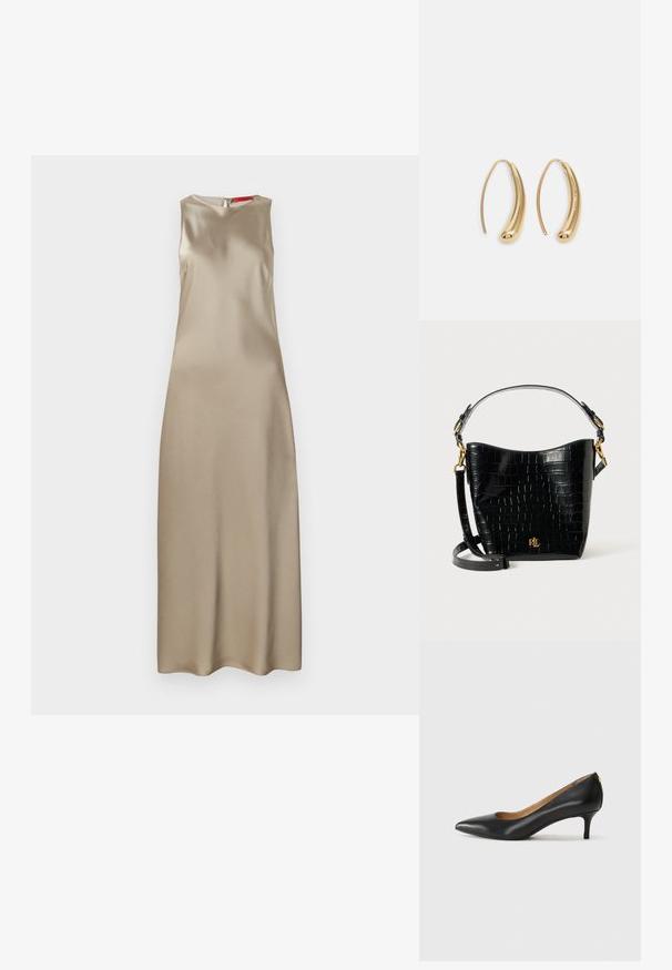 Bežinė satino suknelė be rankovių, su apvaliu iškirpimu, elegantiška forma ir šoniniu užtrauktuku. Lygus paviršius su minimaliais akcentais.; Juodos odinės aukštakulnės bateliai su smailiu nosiu, žemu kulnu ir lygiu paviršiumi. Priekyje yra nedidelis atvirumas, o gale minimalus apdaila.; Juodas krokodilo rašto odinis krepšys su lenkta forma, auksiniais aksesuarais, reguliuojama juosta ir logotipo detale priekyje.; Auksinės metalinės auskarų kabės su lenktą, pailgą forma. Turi lygų, blizgantį paviršių ir užapvalintą galiuką papildomam akcentui.