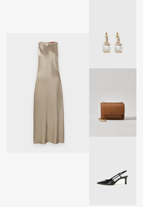 Topla obleka iz bež satena, ki ima okroglo izreznico, poenostavljeno obliko in zadrgo na hrbtu. Gladka tekstura z minimalnimi detajli.; Črne lakaste slingback pete s koničastim nosom, ki imajo teksturiran vzorec kačje kože, nastavljiv trak in kratek teksturiran blok peto.; Rjava teksturirana usnjena torba čez ramo z zlatim verižnim trakom in zapiranjem na pokrov. Spredaj je vidna podrobnost logotipa in žep pod pokrovom.; Zlato obarvani uhani, ki vsebujejo pravokoten, prozoren kristal, obešen pod vrsto majhnih, okroglih prozornih dodatkov. Elegantna, moderna zasnova.