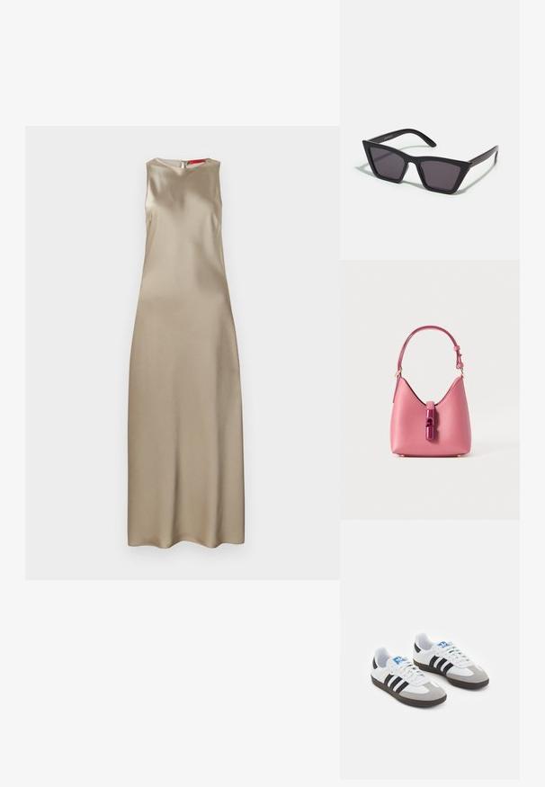 Sleeveless dress in beige satin, featuring a round neckline, streamlined shape, and a back zipper closure. Smooth texture with minimal detail.; Sport shoes with a white leather upper, gray suede toe, and three black stripes. Features a blue logo on the tongue and a textured rubber sole.; Black, angular sunglasses with gray lenses; made of plastic, featuring thick arms with a smooth surface and no visible hardware.; Pink leather handbag with a structured shape, featuring a glossy accent closure and a single adjustable strap. Textured finish with gold hardware.