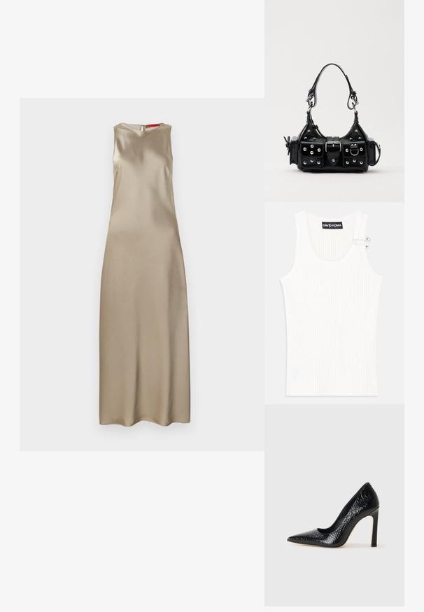 Ærmeløs kjole i beige satin med rund halsudskæring, strømlinet facon og lynlås i ryggen. Glat tekstur med minimal decoration.; Hvid ribbet tanktop med rund halsudskæring og metalaccentdetalje på skuldrene. Blød tekstur, tætsiddende design og ærmeløs stil.; Sorte spidse tå stiletto-sko i krokodilleskind med et strømlinet design, høj hæl og glat sort inderside.; Sort læderhåndtaske med et buet design, prydet med sølvfarvede nitter, en spænde og to sidelommer. Justerbar rem til forskellige bære muligheder.