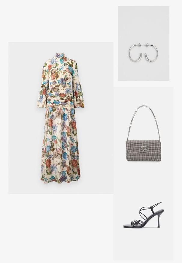 Malina THALIA DRAPED WAIST DRESS - Rochie maxi - multi coloured; Sandale negre cu toc înalt au curele subțiri cu un design legat, un vârf pătrat neted și un toc stiletto elegant.; Geantă metalică gri deschis, cu un strap din lanț, decorată cu mici ținte circulare metalice și un logo de marcă triangular.; Cercei rotunzi din argint cu un finisaj neted și strălucitor. Design ușor, având o formă rotundă și închidere cu tijă.