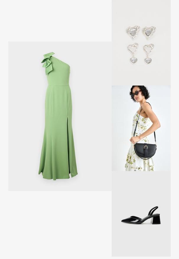 Vestido verde longo de um ombro, feito de tecido suave, apresentando um grande detalhe de laço no ombro e uma fenda lateral para maior movimento.; Sandy em verniz preto com salto slingback, ponta afilada e salto geométrico. Apresenta um design elegante e minimalista com textura suave.; Bolsa de couro preta com forma curva, alça destacável e detalhes em dourado. A bolsa possui uma aba com detalhe de fivela.; Os brincos em forma de coração prateados apresentam pedras claras facetadas, com uma moldura texturizada. O conjunto inclui estilos de botão e de gota.