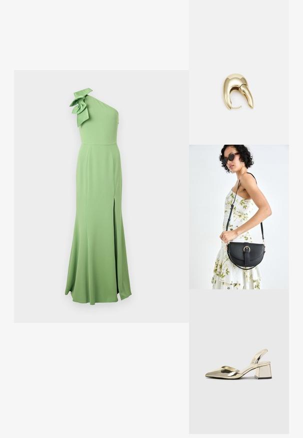 One-shoulder long green dress made of smooth fabric, featuring a large bow detail on the shoulder and a side slit for added movement.; Gold, metallic slingback heels with a pointed toe and chunky heel. Smooth texture, minimalistic design, and a narrow strap.; Black leather handbag with a curved shape, detachable strap, and gold hardware. The bag features a flap with a buckle detail.; Gold-tone metal earring with a sleek, curved design. Features a distinctive pointed shape, polished surface, and hinge closure.
