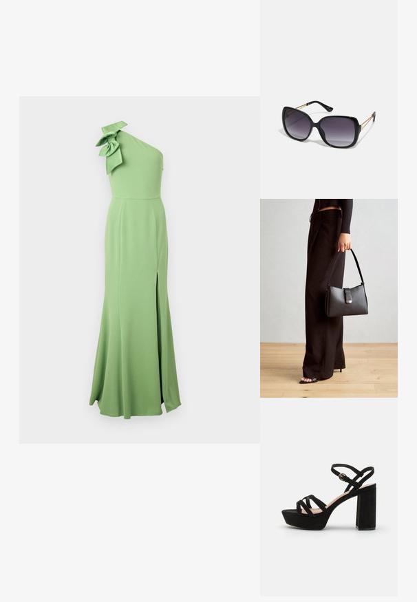 Ilga vienošalė žalia suknele, pagaminta iš lygios medžiagos, su didele kaspino detale ant peties ir šoniniu įpjovimu, kuris suteikia papildomą judrumą.; Juodos zomšinės platformos šlepetės su storu kulnu, turinčios kryžminius įtempimo dirželius ir sagtimi reguliuojamą kulkšnies dirželį saugiam prigludimui.; Juodos didelės saulės akinių su pereinamais objektyvais, storomis rėmeliais ir auksinės spalvos grandinėmis ant šventyklų.; Juodas rankinė struktūrizuota forma, lygi tekstūra ir metalinis užsegimas. Suporuota su plačiomis juodomis kelnėmis ir atvirais bateliais ant medinių grindų.