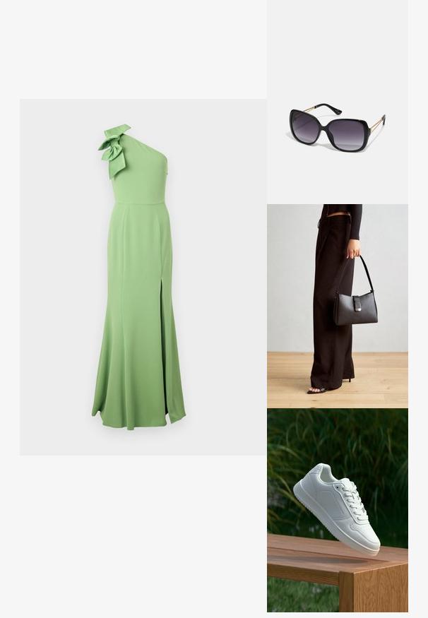 One-shoulder long green dress made of smooth fabric, featuring a large bow detail on the shoulder and a side slit for added movement.; White sneaker with a smooth synthetic upper, perforated toe box, flat laces, and a textured sole, displayed on a wooden surface.; Black oversized sunglasses with gradient lenses, thick frames, and gold-tone chain detailing on the temple arms.; Black handbag with structured shape, smooth texture, and a metallic clasp. Paired with wide black pants and open-toe sandals on wooden floor.