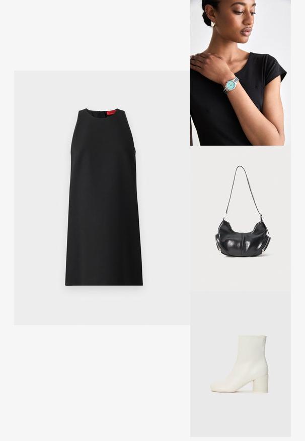 Mustaton hihaton mekko, jossa on korkea kaulus, sileä kangas, tilava malli ja huomaamaton punainen lappu takana.; Valkoinen nahkainen nilkkuri, jossa on pyöreä kärki ja jykevä sylinterimäinen korko. Tasainen pinta, минималистinen muotoilu, ei näkyviä metalliosia tai kuvioita.; Mustavihreä puolikuun muotoinen olkalaukku, jossa on hopeiset vetoketjut molemmilla puolilla ja yksi hihna.; Hopeakansio, jossa on mintunvihreä kellotaulu ja hopeaketju, joka on kädessä. Kantaja on mustassa istuvassa paidassa.