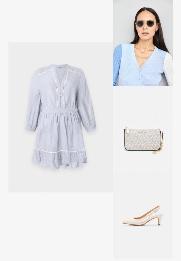 Mėlyna ir balta dryžuota suknelė su ilgomis rankovėmis, V formos dekoldė, mygtukų užsegimas, nėriniuota apdaila ir dirželis ant liemens. Platėjanti, volanų apdaila.; Balti slingback kulniukai su smailiu pirštu, lygia viršutine medžiaga, žemu blokuotu kulnu ir šoniniu išpjovimu su reguliuojamu sagtimi.; Apskriti saulės akiniai su tamsiais objektyvais ir auksiniais rėmeliais. Modelis vilki šviesiai mėlyną, raukinį kardiganą su mygtukais ir kontrastingomis baltomis rankovėmis.; Michael Kors rankinė smėlio spalvos dengto kanvoje su pakartotiniu MK logotipo raštu, auksinėmis detalėmis ir nuimamu grandininiu dirželiu.