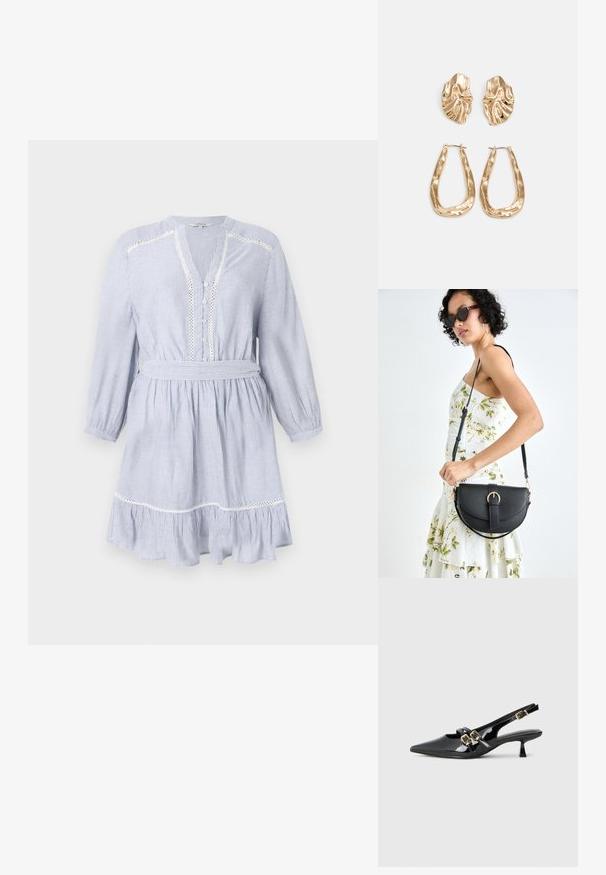 Blå og hvit stripete kjole med lange ermer, V-hals, knapplukking foran, blondekant og belte i midjen. Utpreget volangnederdel.; Sorte lakk lær slingback hæler med spiss tå, doble stropper med gullspenner og en kort kitten-hæl. Glatt tekstur.; Svart lærveske med en buet form, avtagbar stropp og gullbeslag. Vesken har et klaff med spenne-detall.; Gullfargede øredobber med teksturerte, bølgete former. Inkluderer skulpturelle klipsstuds og åpen hoop-design med en hamret finish.