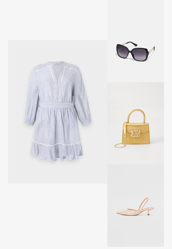 Kék és fehér csíkos ruha hosszú ujjal, V nyakkivágással, gombos elülső résszel, csipkés díszítéssel és övvel a derékrészen. Kiterjedő fodros alj.; Bézs színű lakkbőr slingback magassarkú cipők hegyes orral és vékony, négyzetes sarkú dizájnnal. Simább textúra és minimalista stílus, díszítések nélkül.; Fekete, oversize napszemüveg fokozatos árnyalatú lencsékkel, vastag kerettel és arany színű lánc díszítéssel a szárakon.; Sárga műbőr krokodil mintás kézitáska strukturált kialakítással, felső fogantyúval, leválasztható lánccal és díszes kristály díszítéssel a záron.