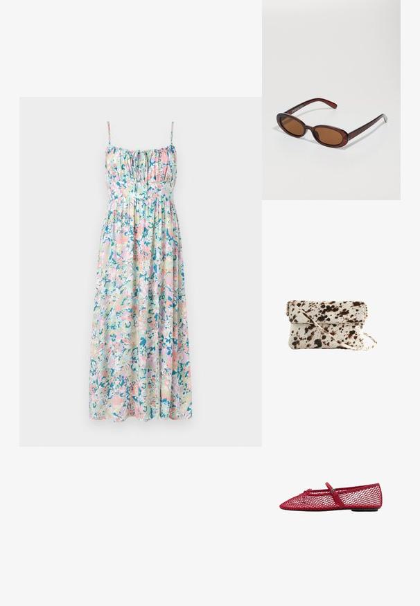 Floral maxi dress with adjustable spaghetti straps. Features pastel colors, gathers at the bust, and a flowing silhouette. Lightweight fabric.; Red mesh ballet flats with a pointed toe, featuring a thin strap and buckle detail. The upper has an open, honeycomb pattern.; Round, brown-tinted sunglasses with a glossy burgundy frame. Slim arms with subtle branding detail. Flat lens design.; Cowhide handbag featuring a cream base with dark brown spots, rectangular shape, fold-over flap, and a detachable shoulder strap.