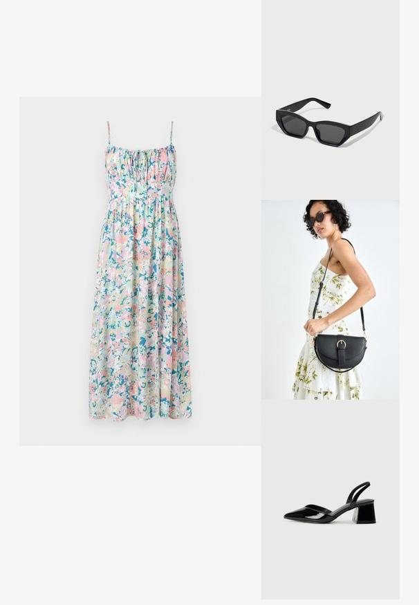 Robe maxi florale avec bretelles spaghetti ajustables. Comprend des couleurs pastel, des fronces au niveau de la poitrine et une silhouette fluide. Tissu léger.; Escarpins en cuir verni noir avec bout pointu et talon bloc géométrique. Présente un design élégant et minimaliste ainsi qu'une texture lisse.; Lunettes de soleil noires rectangulaires avec des montures épaisses, des verres sombres et un design angulaire. Matière plastique lisse sans motifs ni accents visibles.; Sac à main en cuir noir avec une forme courbée, bandoulière amovible et des accessoires en or. Le sac est doté d'un rabat avec un détail de boucle.