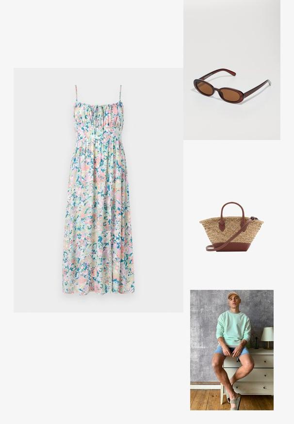 Floral maxi dress with adjustable spaghetti straps. Features pastel colors, gathers at the bust, and a flowing silhouette. Lightweight fabric.; Mint green sweatshirt, denim shorts, and olive green slip-on shoes. Sitting on a light-colored chest of drawers against a textured gray wall.; Round, brown-tinted sunglasses with a glossy burgundy frame. Slim arms with subtle branding detail. Flat lens design.; Woven straw basket bag with brown leather accents, two handles, and a detachable strap. Curved shape with a sturdy base.