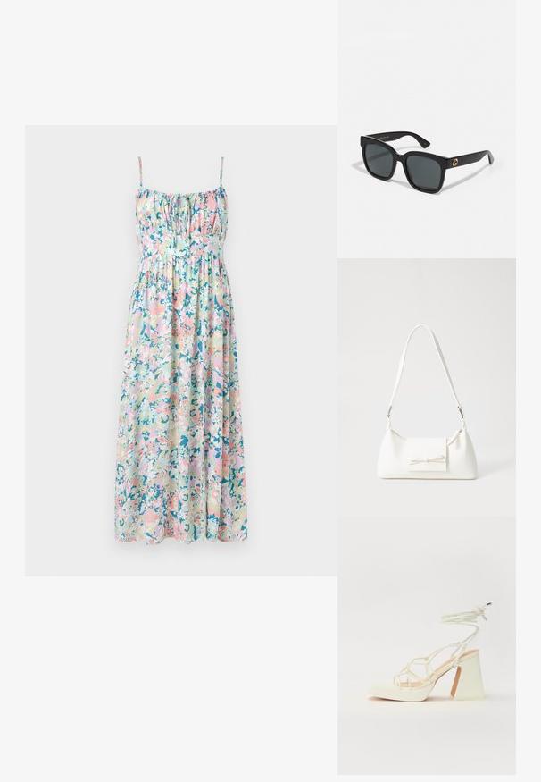 Abito maxi floreale con spalline regolabili. Caratterizzato da colori pastello, arricciature al busto e una silhouette fluente. Tessuto leggero.; Sandalo bianco con tacco alto, caratterizzato da un design a cinturini e un legaccio alla caviglia. Texture liscia con una piattaforma frontale per un'altezza aggiuntiva.; Occhiali da sole neri con lenti rettangolari, caratterizzati da una finitura lucida e dettagli in oro sulle aste. Lenti grigie scure offrono protezione UV.; Borsa sintetica bianca a forma triangolare, con patta anteriore piatta e dettaglio a fiocco, tracolla regolabile, texture liscia e design minimalista.