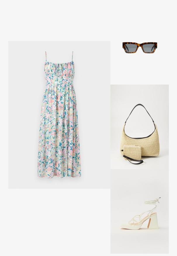Robe maxi florale avec bretelles spaghetti ajustables. Comprend des couleurs pastel, des fronces au niveau de la poitrine et une silhouette fluide. Tissu léger.; Sandale blanche à talons hauts avec un talon épais, présentant un design à lanières et un lien autour de la cheville. Texture lisse avec une plateforme à l'avant pour une hauteur supplémentaire.; Des lunettes de soleil écaille de tortue avec des montures angulaires, des verres gris et une finition lisse. Elles présentent un design géométrique audacieux et des branches épaisses.; Sac à main en paille tissée avec une silhouette courbée, doté d'une bandoulière en cuir noir lisse et d'une petite pochette assortie attachée par une sangle pour le poignet.