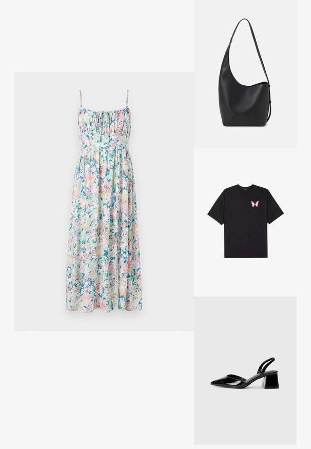 Lillelillelise lillelise kleit reguleeritavate spagettitrassidega. Omab pastelseid värve, on kogutud rinna kohal ja voolab laia siluetiga. Kerge kangas.; Must muströöpidega must puuvillane T-särk, vasakul rinnal on väike roosa liblikas. Ümar kaelus ja vabalt istuv lõige.; Mustad musta lakknahk kingad, millel on terav varvas ja geomeetriline plokkkonts. Omab elegantselt minimalistlikku disaini ja sujuvat tekstuuri.; Mustast nahast hobo kott, millel on sile tekstuur, kumer kuju ja üks reguleeritav rihm; peal on lai avaus.