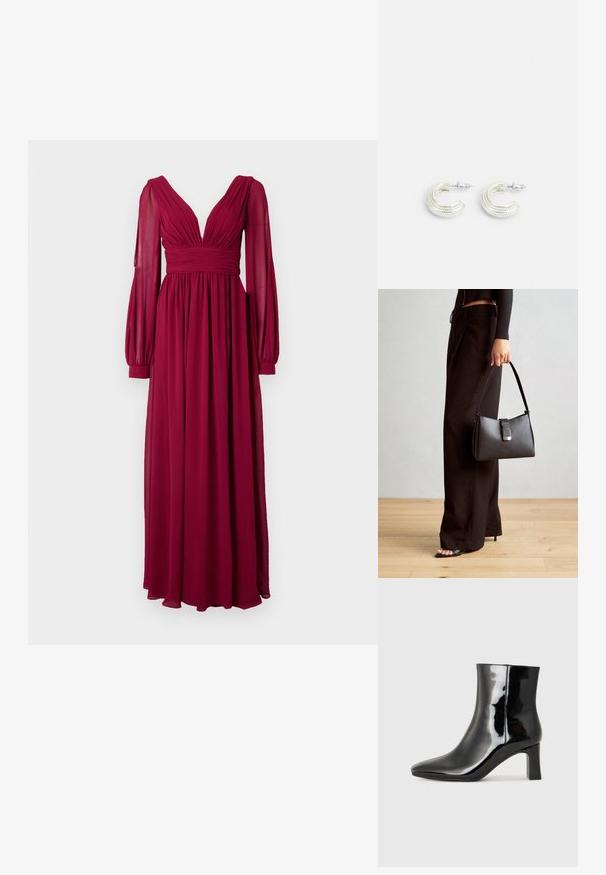 Rochie lungă burgundă dintr-un material ușor, cu decolteu adânc în V, corp plisat și mâneci lungi bufante cu manșete ajustate.; Botine negre din piele lacuită, cu vârful ascuțit și toc bloc de înălțime medie. Textură netedă și design minimalist.; Genți negre cu o formă structurată, textură netedă și un închizător metalic. Asortată cu pantaloni negri largi și sandale cu vârf deschis pe un podea din lemn.; Cercei argintii cu un design în formă de cerc răsucit, având o suprafață texturată și detalii canelate, fixați cu un închizător cu tijă.