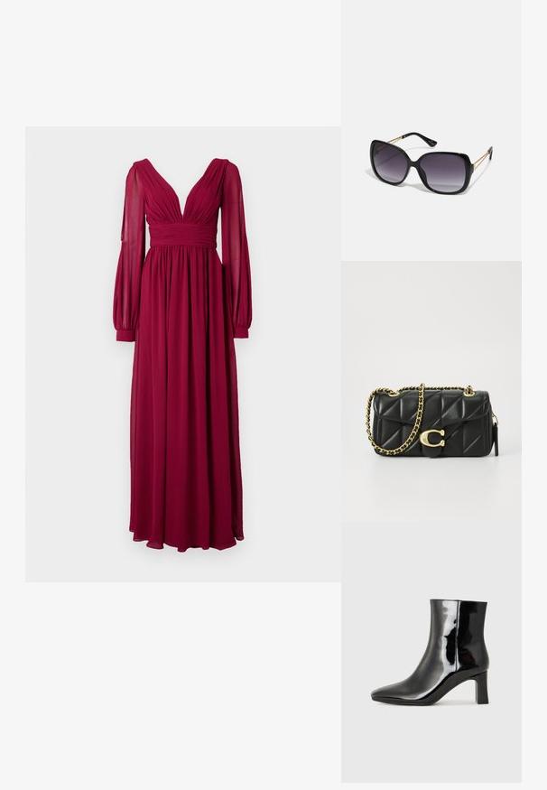 Ilga bordo spalvos suknelė, pagaminta iš lengvo audinio, turinti gilų V formos iškirpę, platų liemenį ir pūstus ilgus rankovės su prigludusiomis apykaklėmis.; Juodos lakuotos odinės aulinukės su smailiu pirštu ir vidutinio aukščio blokuotu kulnu. Lygus paviršius ir minimalistinis dizainas.; Juodos didelės saulės akinių su pereinamais objektyvais, storomis rėmeliais ir auksinės spalvos grandinėmis ant šventyklų.; Juodas kvadratinis odinis rankinė su auksine grandine ir užsegimu su apskritimu. Kompaktiška stačiakampio formos.