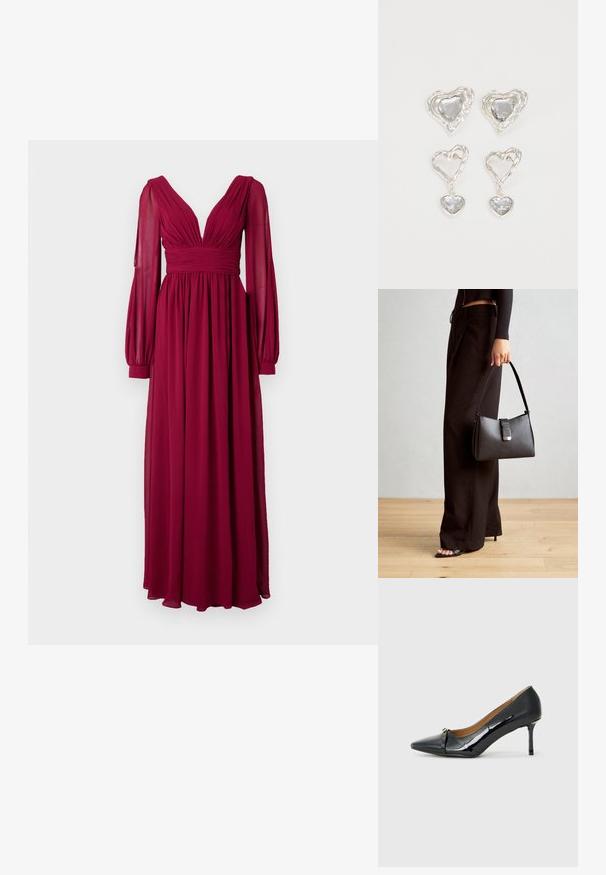 Kerge kangast pikk burgundi värvi kleit, millel on sügav V-kaelus, volditud kehaosa ja puhvitud pikad varrukad kitsaste mansettidega.; Must musta korkeakorkoiset kengät läpikuultavasta mustasta mokasta, joissa on teräväpäinen kärki, koristeellinen nauha edessä ja ohut stilettokorko.; Must musta kott, millel on struktureeritud kuju, sile tekstuur ja metallist klamber. Kombineeritud laiate mustade pükstega ja avatud varvaste sandaalidega puidust põrandal.; Hõbedased südamekujulised kõrvarõngad on kaunistatud lõhikute ja selgete kividega ning neil on tekstureeritud raam. Komplekti kuuluvad kõrvarõngad nupud ja rippuvad mudelid.