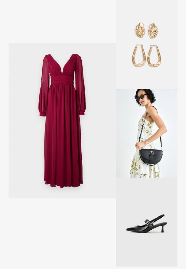 Long burgundy dress made of lightweight fabric, featuring a deep V-neck, pleated bodice, and puffed long sleeves with fitted cuffs.; Black patent leather slingback heels with a pointed toe and a small block heel, featuring a silver buckle accent on the strap.; Black leather handbag with a curved shape, detachable strap, and gold hardware. The bag features a flap with a buckle detail.; Gold-tone earrings featuring textured, wavy shapes. Includes sculptural clip-on studs and open hoop design with a hammered finish.
