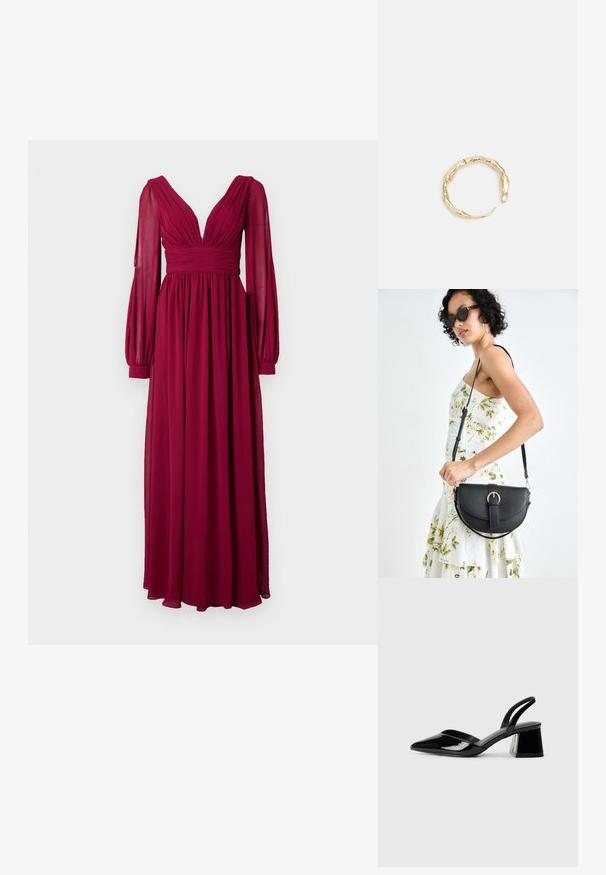 Kerge kangast pikk burgundi värvi kleit, millel on sügav V-kaelus, volditud kehaosa ja puhvitud pikad varrukad kitsaste mansettidega.; Mustad musta lakknahk kingad, millel on terav varvas ja geomeetriline plokkkonts. Omab elegantselt minimalistlikku disaini ja sujuvat tekstuuri.; Mustmust mustraha kõverate joontega, eemaldatava rihmaga ja kuldsete detailidega. Kotil on klapp, millel on pandladetail.; Kuldtoonis sõrmus, millel on orgaaniline, keerdunud disain sileda tekstuuri ja kitsenevate otstega, luues kaasaegse skulptuurilise välimuse.