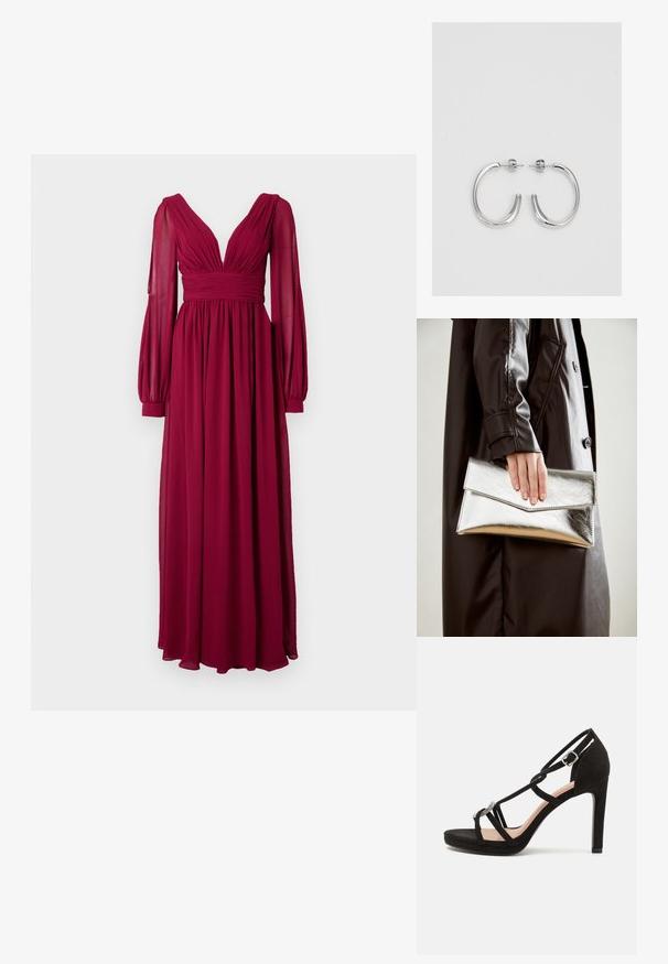 Kerge kangast pikk burgundi värvi kleit, millel on sügav V-kaelus, volditud kehaosa ja puhvitud pikad varrukad kitsaste mansettidega.; Mustad sametist kõrge kontsaga sandaal, millel on ristuvad rihmad, dekoratiivne hõbedatooniline aksessuaar ja platvormpõhi lisakõrguse jaoks.; Hõbedane metallist kott, millel on nurkne ümbriku disain, sile tekstuur ja kontrastne sisekuju, hoituna musta jope käes.; Hõbedast rõngaskõrvarõngad sileda ja läikiva pinnaga, kõveriku kujuga ning postitaksega sulgur. Minimalistlik disain kaasaegse viimistlusega.