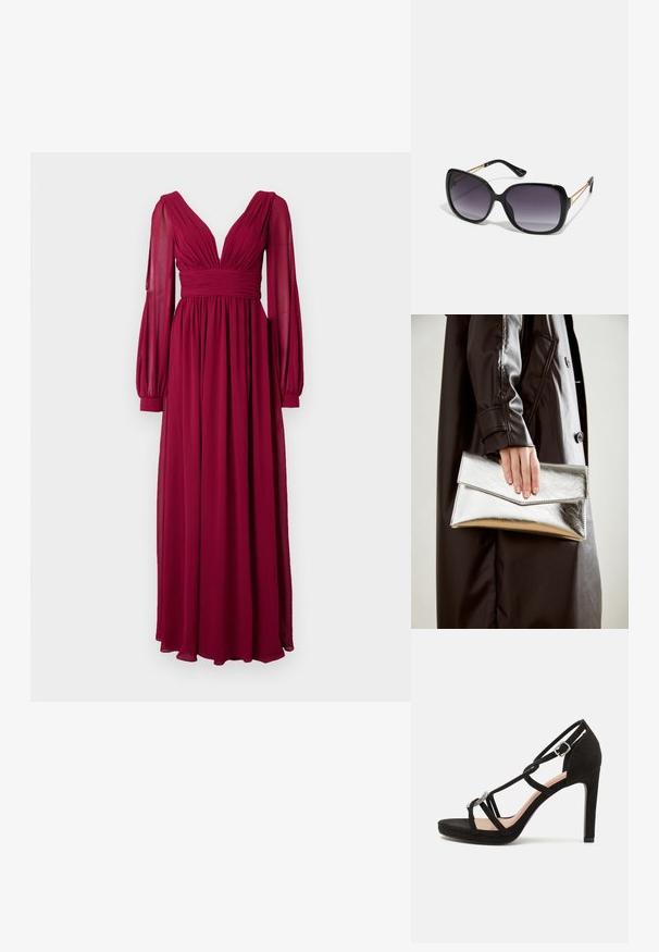 Lang bordeauxkjole laget av lett stoff, med dyp V-hals, plisserte liv og puffer lange ermer med tettsittende mansjetter.; Sorte semskede høyhælte sandaler med kryssende stropper, en dekorativ sølvfarget aksent, og en plattformsåle for ekstra høyde.; Sorte oversized solbriller med gradient linser, tykke rammer og detaljering med gulltonekjede på tempelarmene.; Sølv metallisk clutch med et vinklet konvoluttdesign, glatt tekstur og kontrastfarge på innsiden, holdt i en hånd iført en svart kåpe.